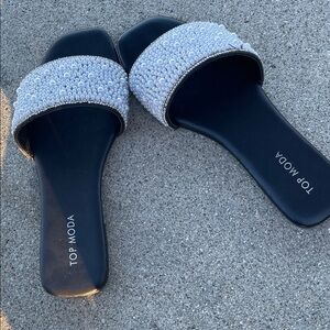 TOP Moda Women's Black Sandals with White Pearl & Rhinestone Accents